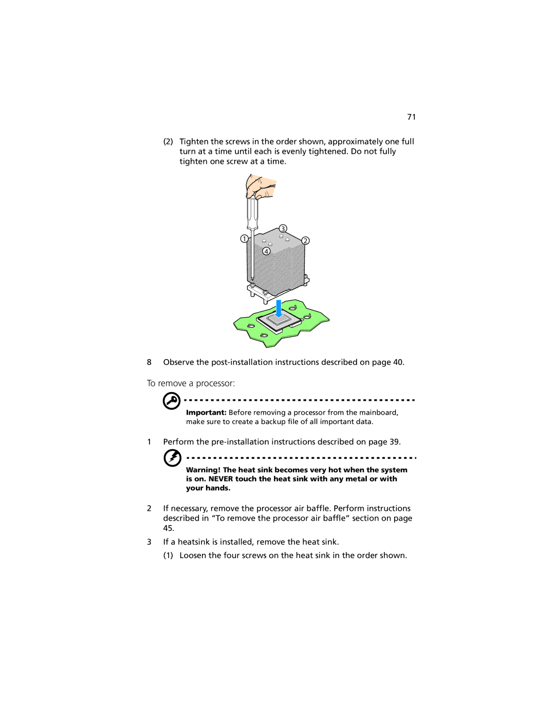 Acer R920 Series manual To remove a processor 