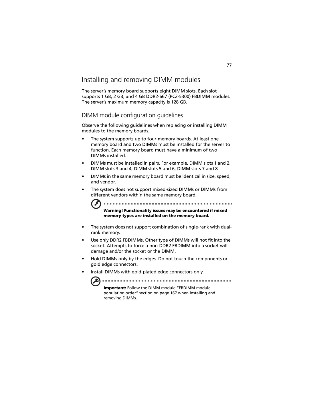 Acer R920 Series manual Installing and removing Dimm modules, Dimm module configuration guidelines 