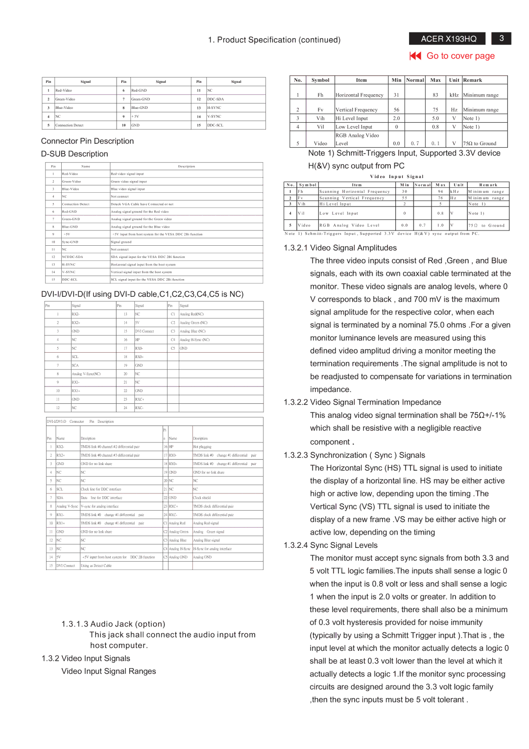 Acer RA19WAANU Connector Pin Description SUB Description, DVI-I/DVI-DIf using DVI-D cable,C1,C2,C3,C4,C5 is NC 