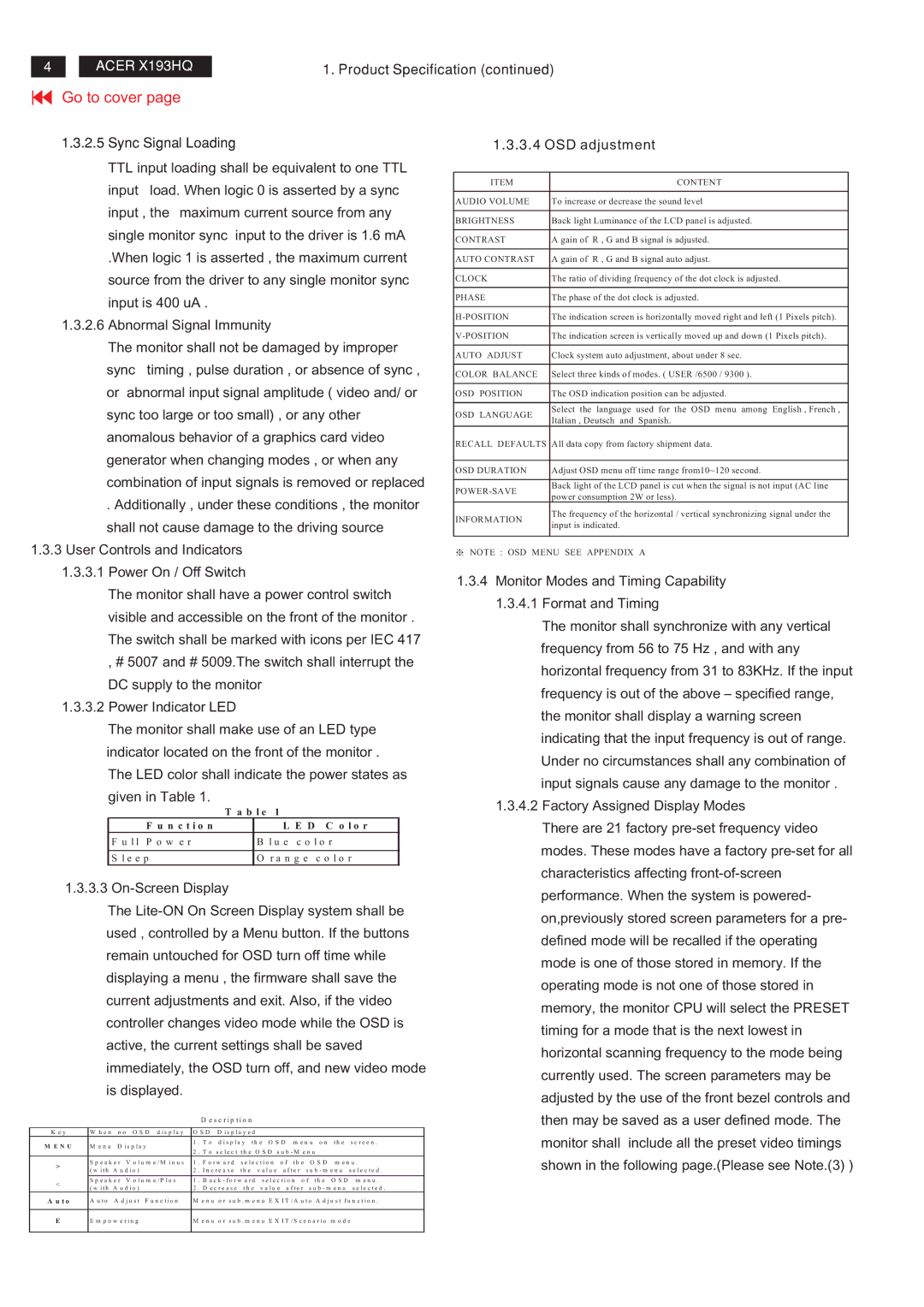 Acer RA19WAANU service manual User Controls and Indicators Power On / Off Switch, OSD adjustment 