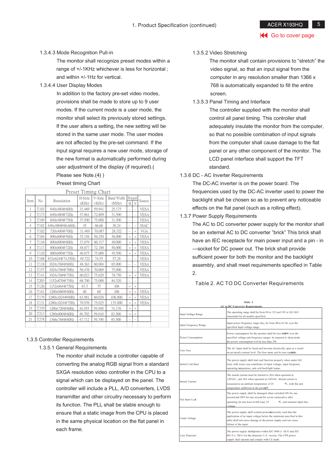 Acer RA19WAANU service manual Power Supply Requirements, KHz MHz 