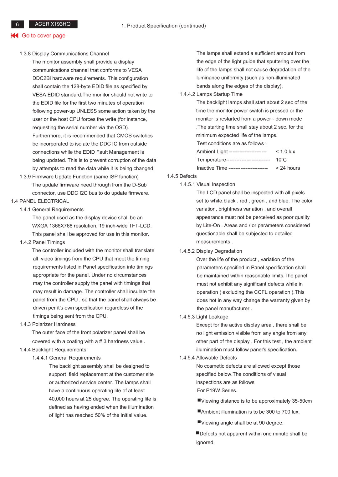 Acer RA19WAANU service manual Display Communications Channel, Panel Timings, Backlight Requirements General Requirements 