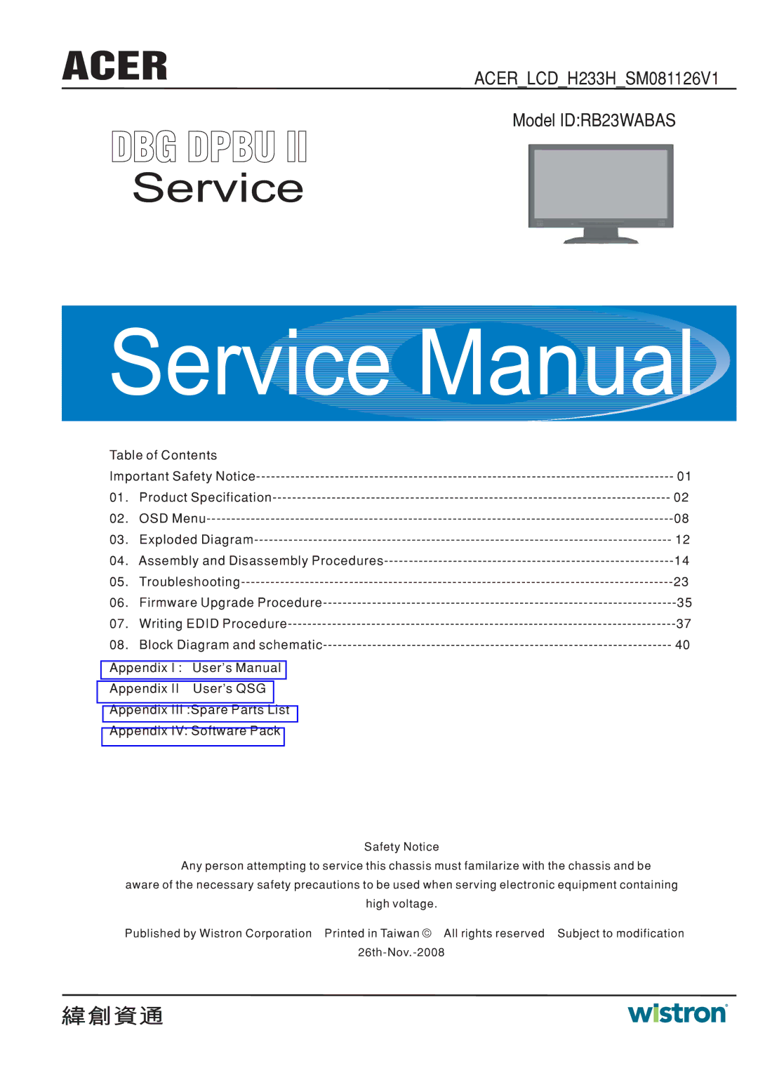 Acer RB23WABAS service manual Service 