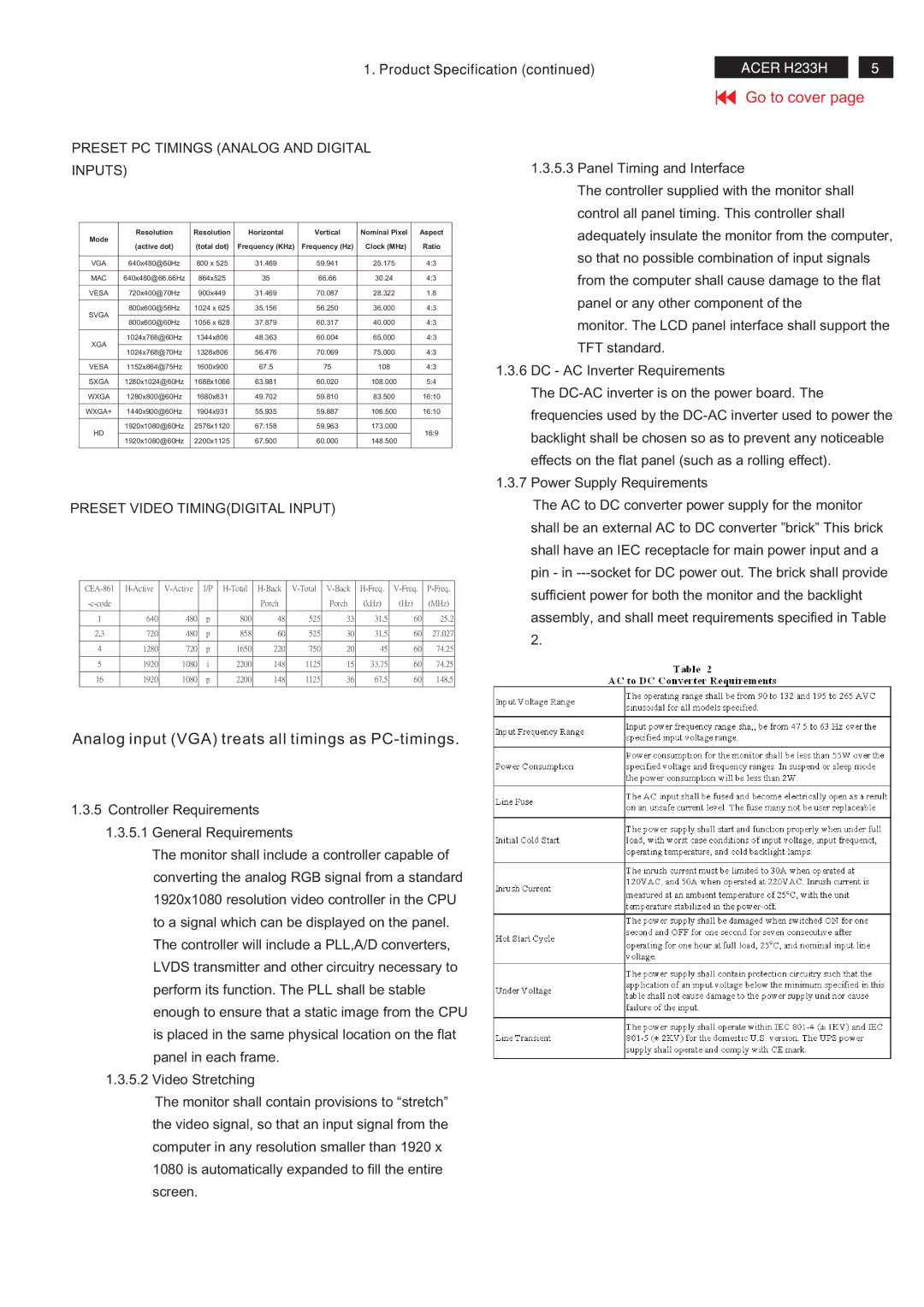 Acer RB23WABAS service manual Analog input VGA treats all timings as PC-timings 