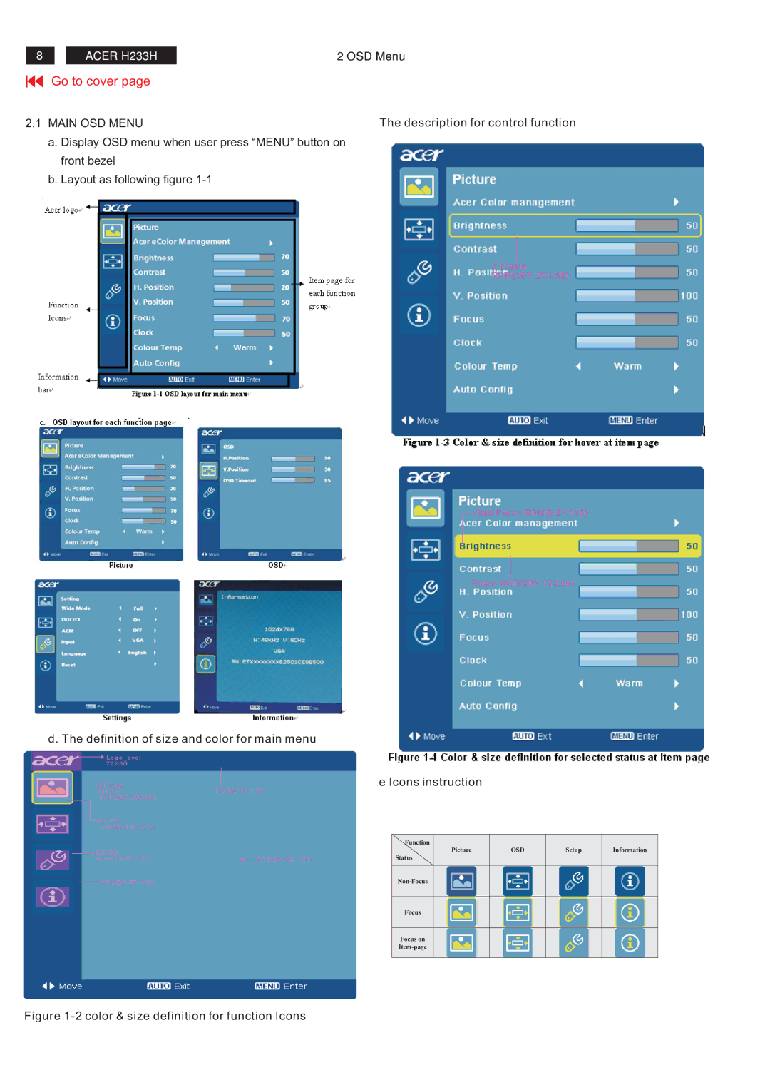 Acer RB23WABAS service manual Main OSD Menu 