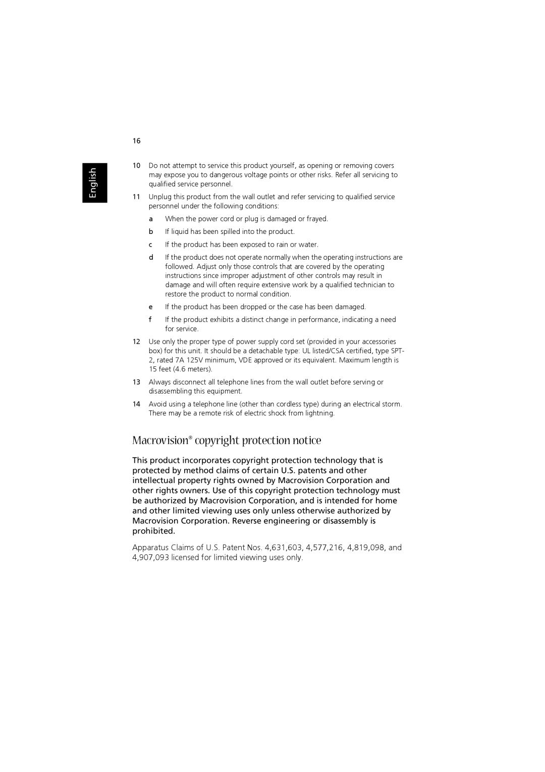 Acer RC500L manual Macrovision copyright protection notice 