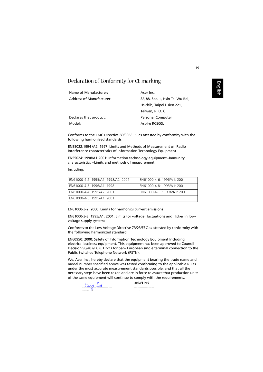 Acer RC500L manual Declaration of Conformity for CE marking 