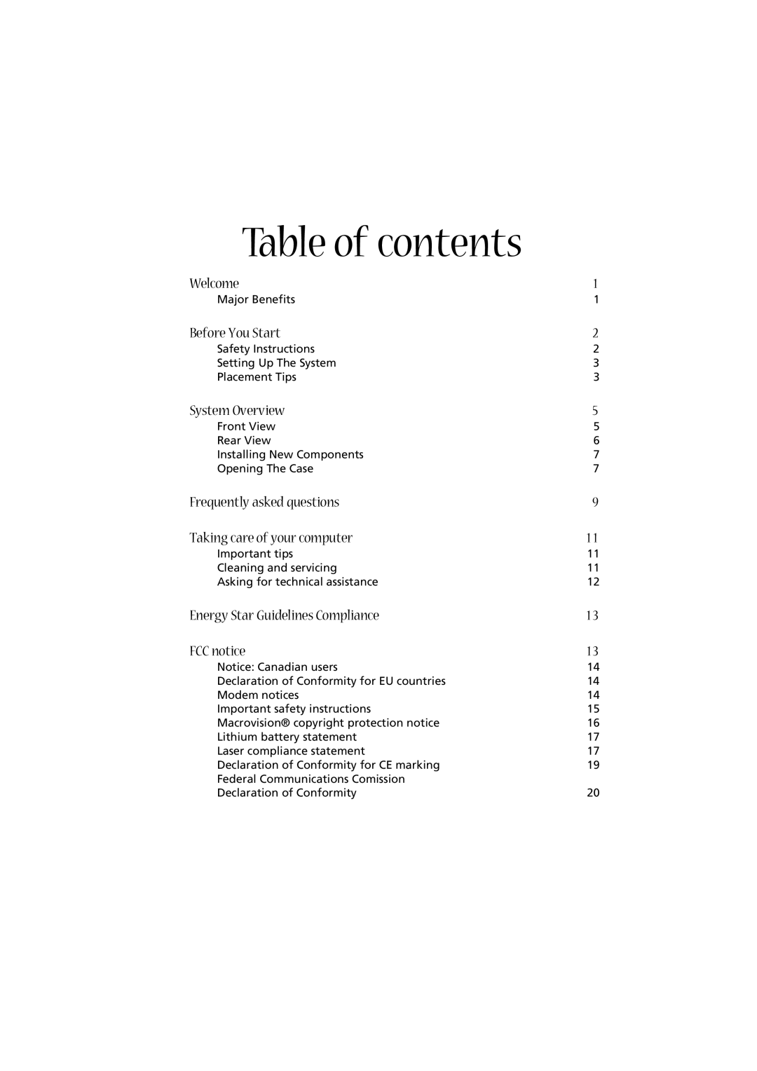 Acer RC500L manual Table of contents 