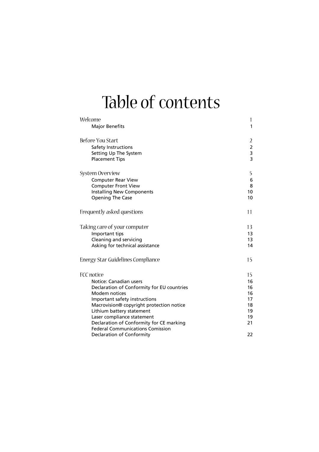 Acer RC810 manual Table of contents 