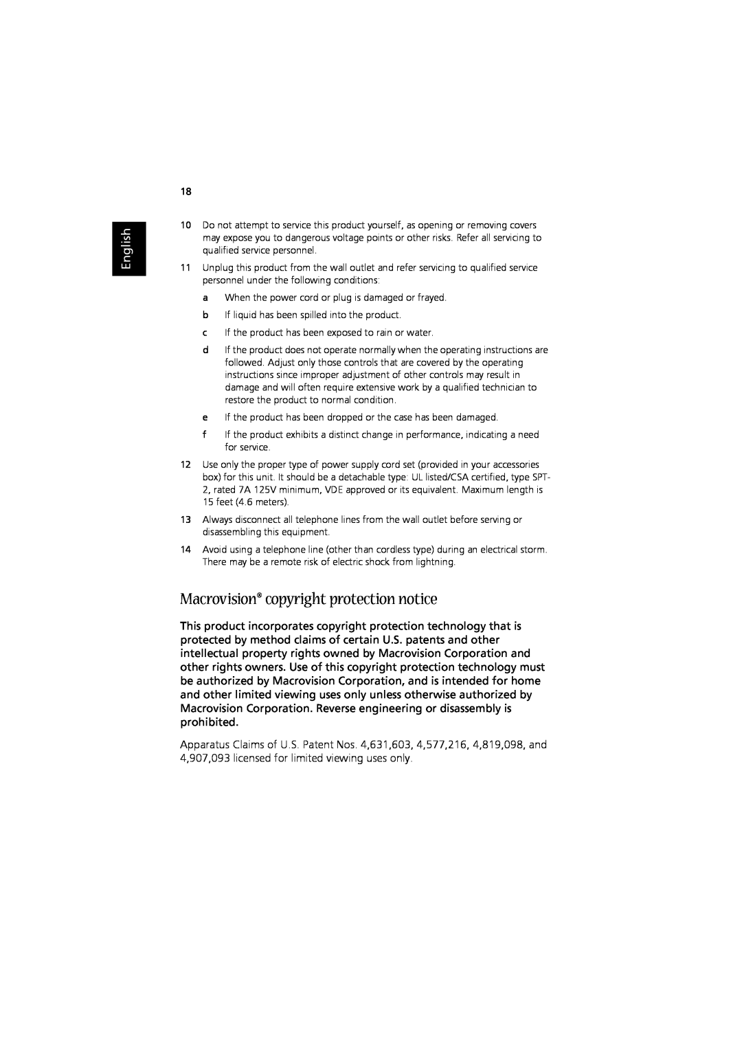Acer RC810 manual Macrovision copyright protection notice, English 