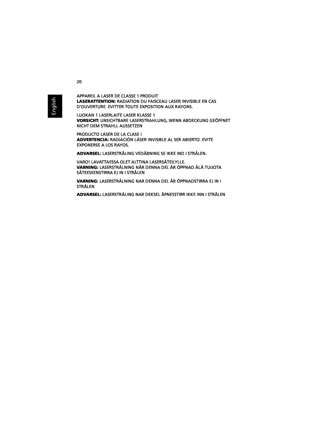 Acer RC810 manual English, APPAREIL A LASER DE CLASSE 1 PRODUIT 