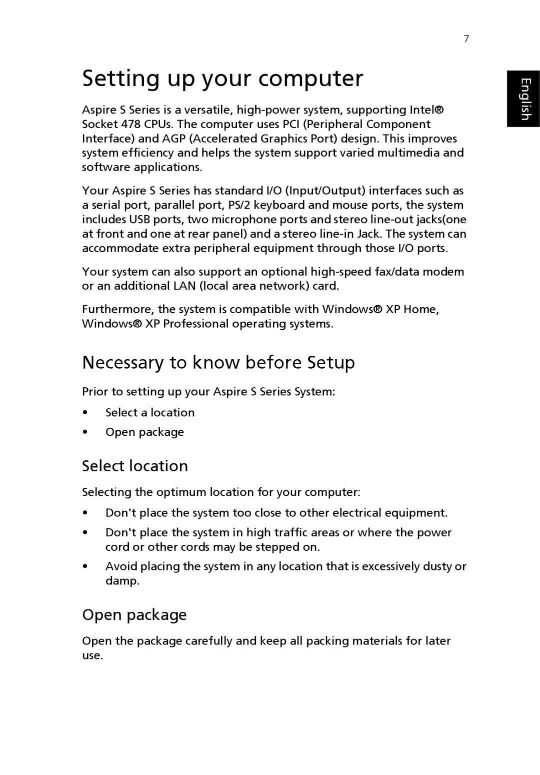 Acer S Series manual Setting up your computer, Necessary to know before Setup, Select location, Open package 