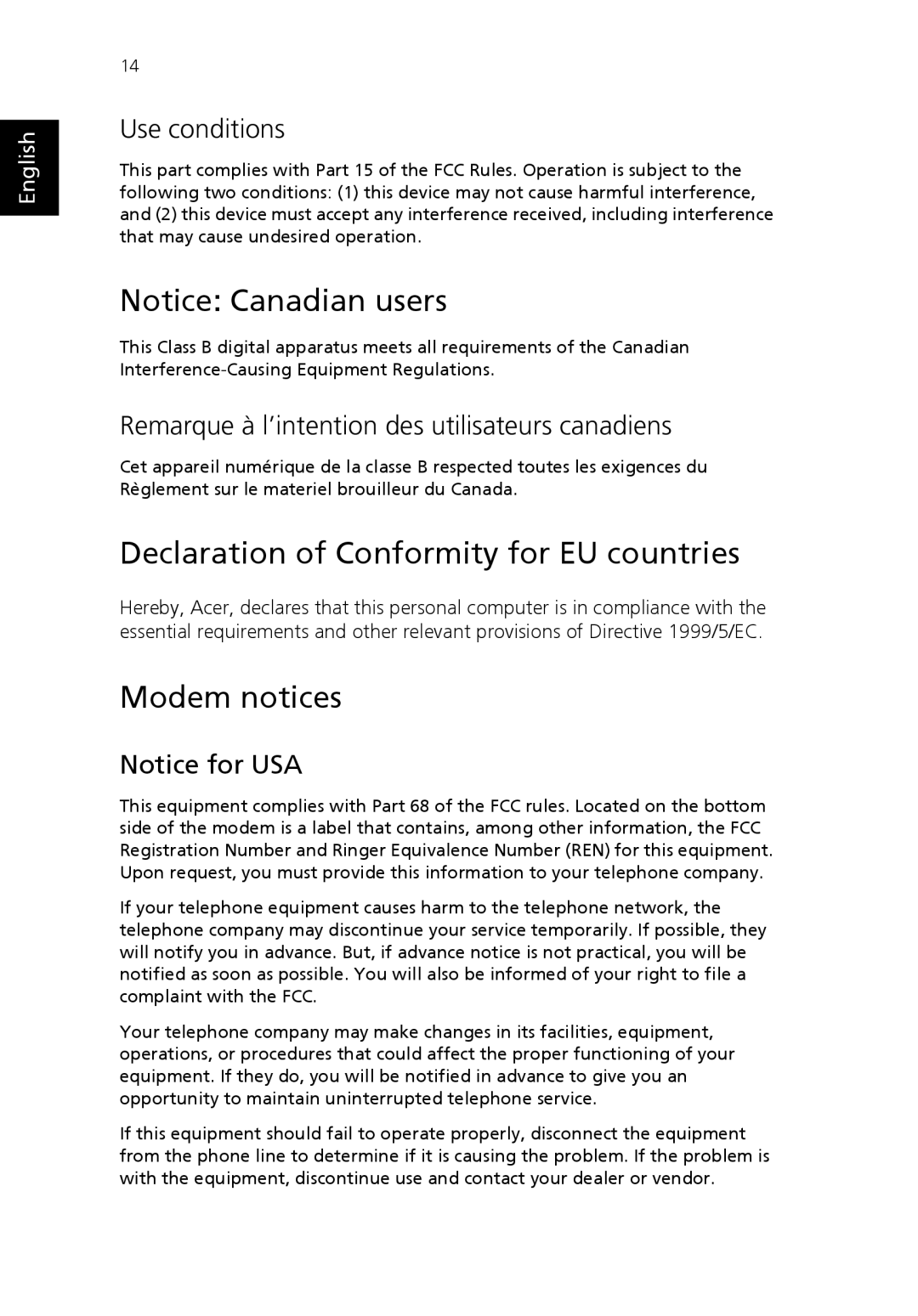 Acer S Series manual Declaration of Conformity for EU countries, Modem notices, Use conditions 