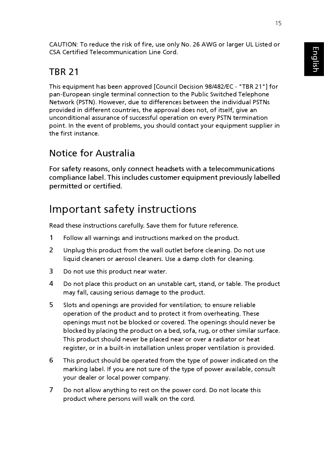 Acer S Series manual Important safety instructions, Tbr 