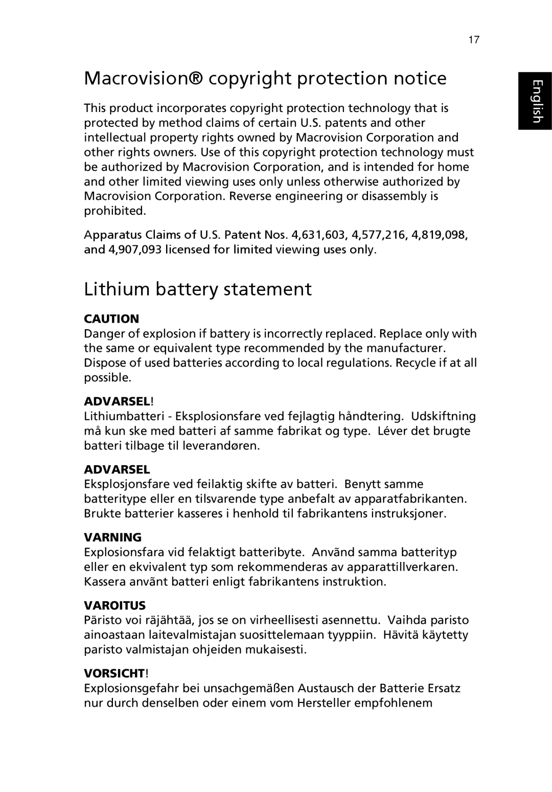 Acer S Series manual Lithium battery statement, Varning 