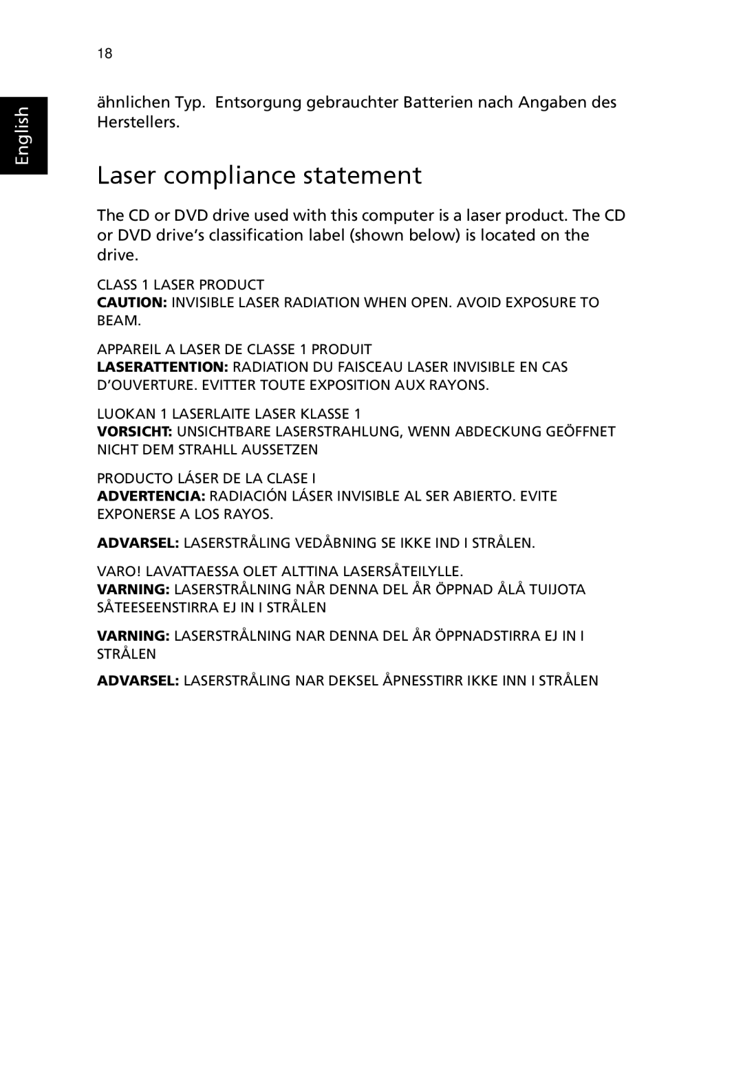 Acer S Series manual Laser compliance statement 