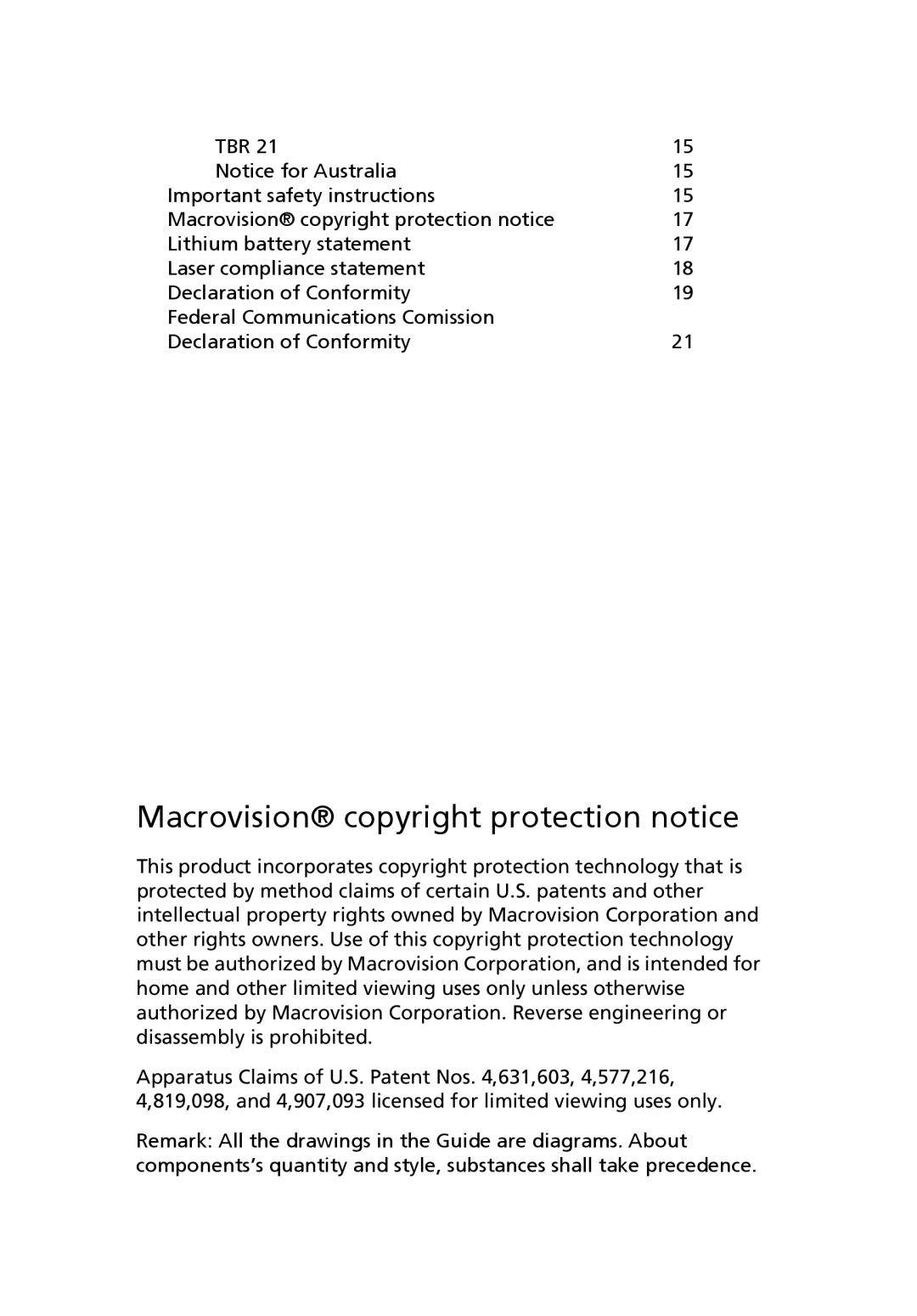 Acer S Series manual Macrovision copyright protection notice 