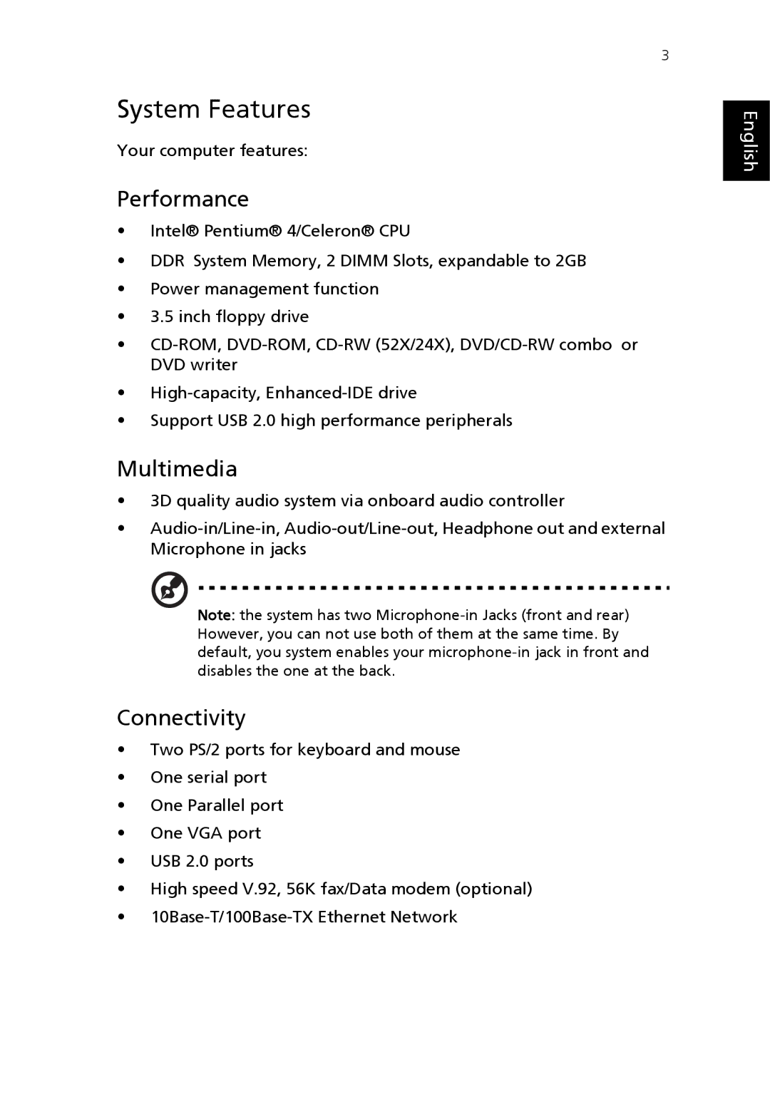 Acer S Series manual System Features, Performance, Multimedia, Connectivity 