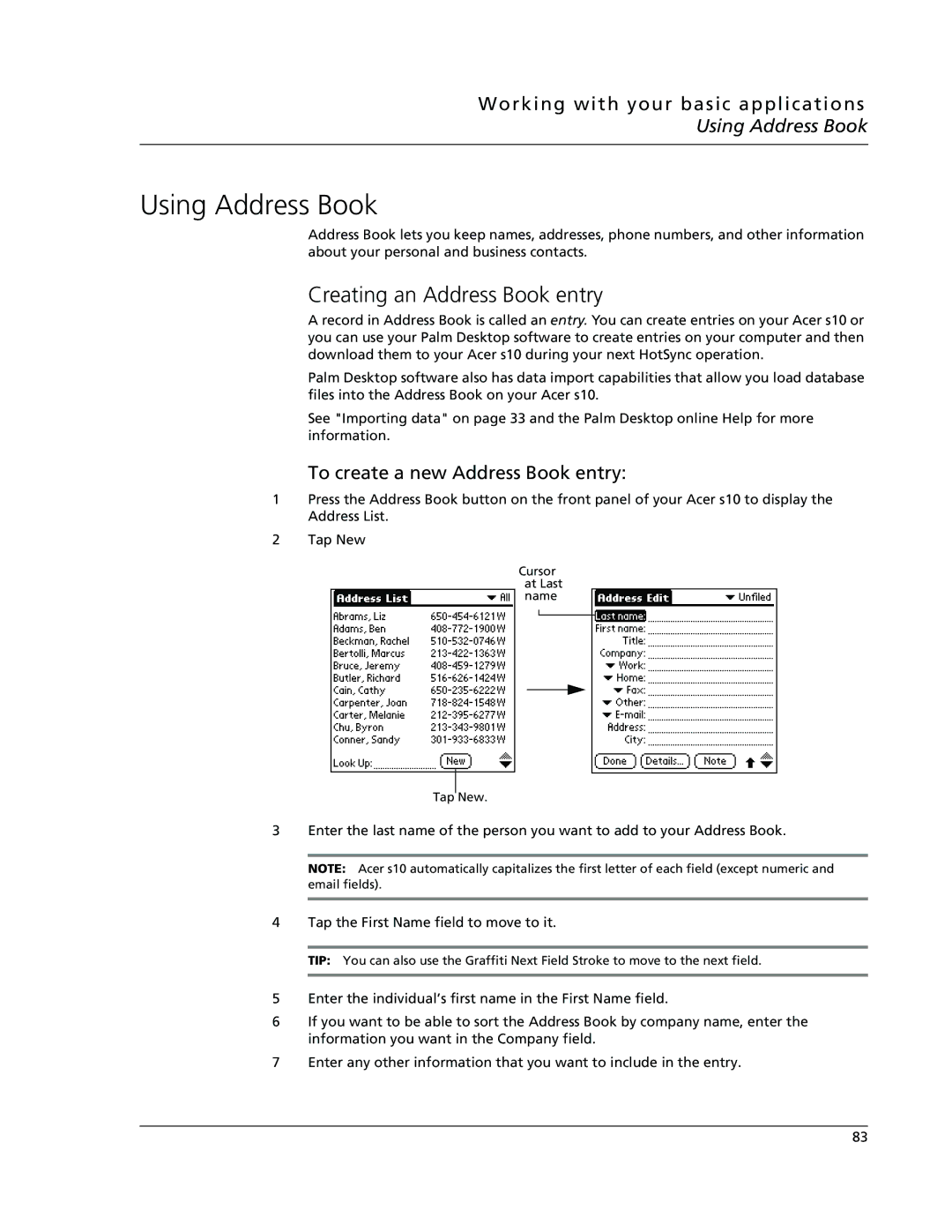 Acer s10 manual Using Address Book, Creating an Address Book entry, To create a new Address Book entry 