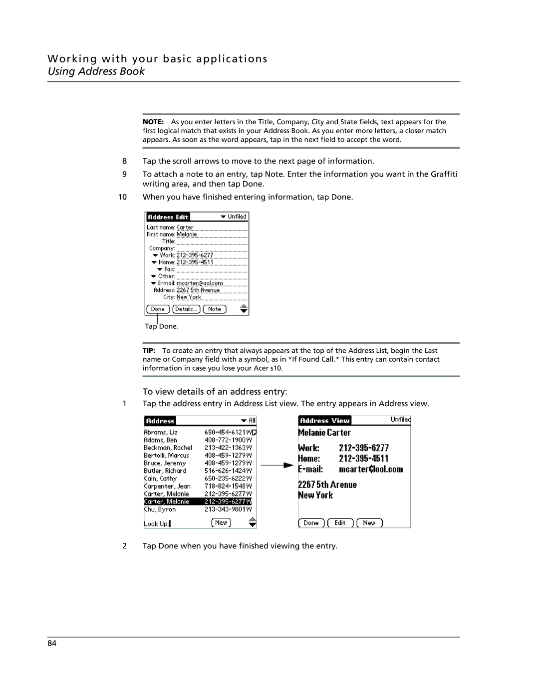 Acer s10 manual To view details of an address entry 