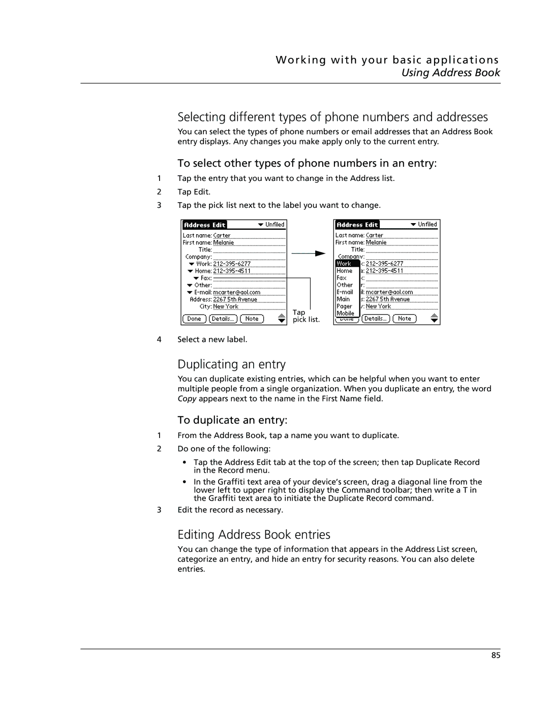 Acer s10 Selecting different types of phone numbers and addresses, Duplicating an entry, Editing Address Book entries 