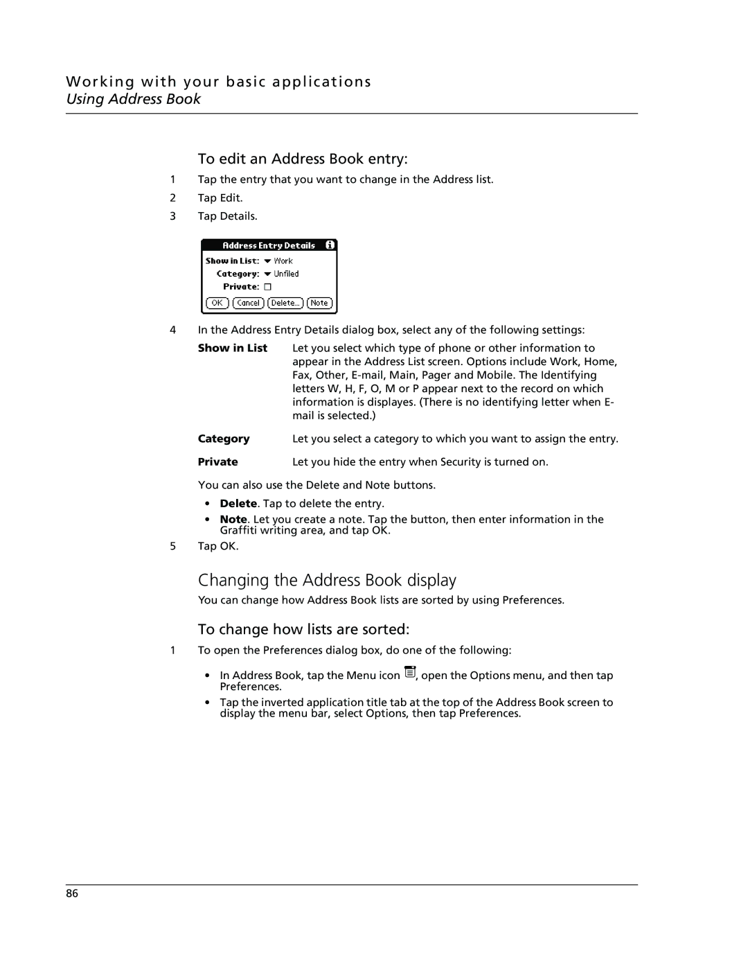 Acer s10 manual Changing the Address Book display, To edit an Address Book entry, To change how lists are sorted 