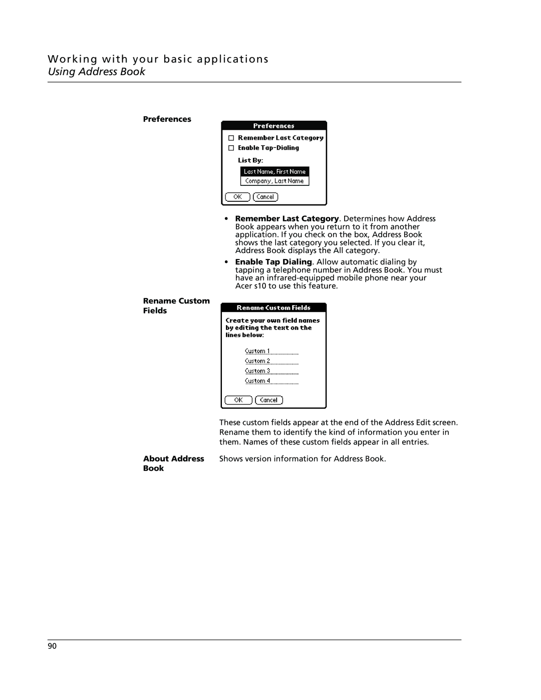 Acer s10 manual Preferences, Rename Custom Fields, Book 