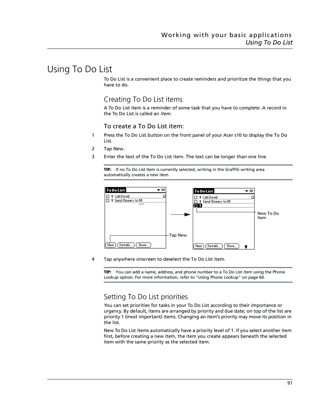 Acer s10 manual Using To Do List, Creating To Do List items, Setting To Do List priorities, To create a To Do List item 