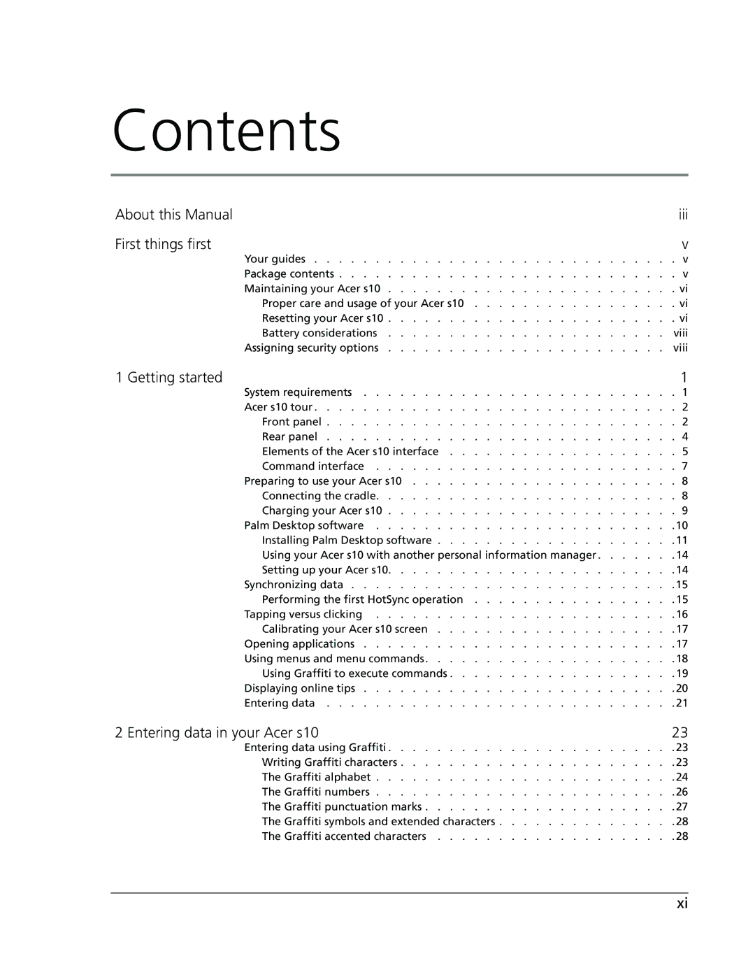 Acer s10 manual Contents 