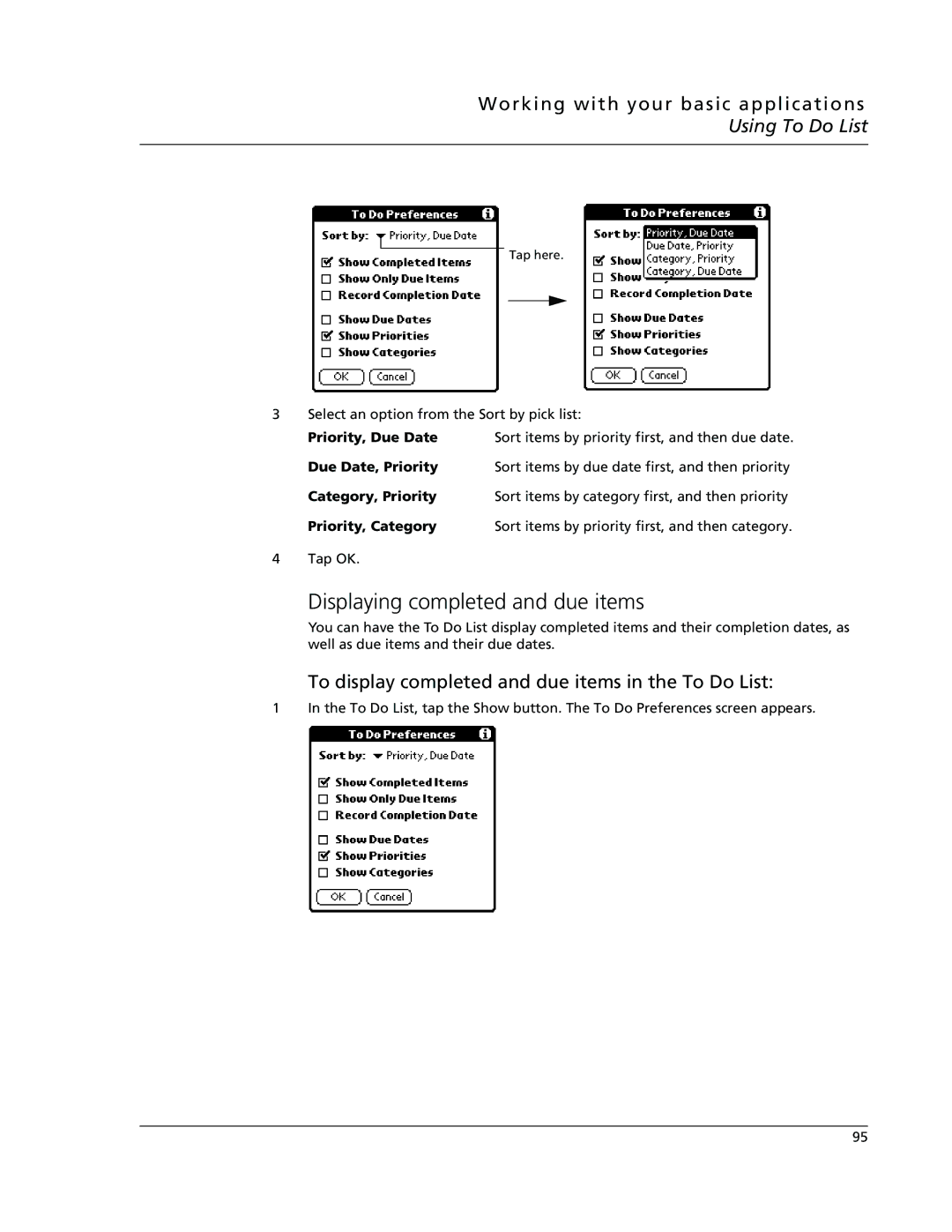 Acer s10 manual Displaying completed and due items, To display completed and due items in the To Do List 