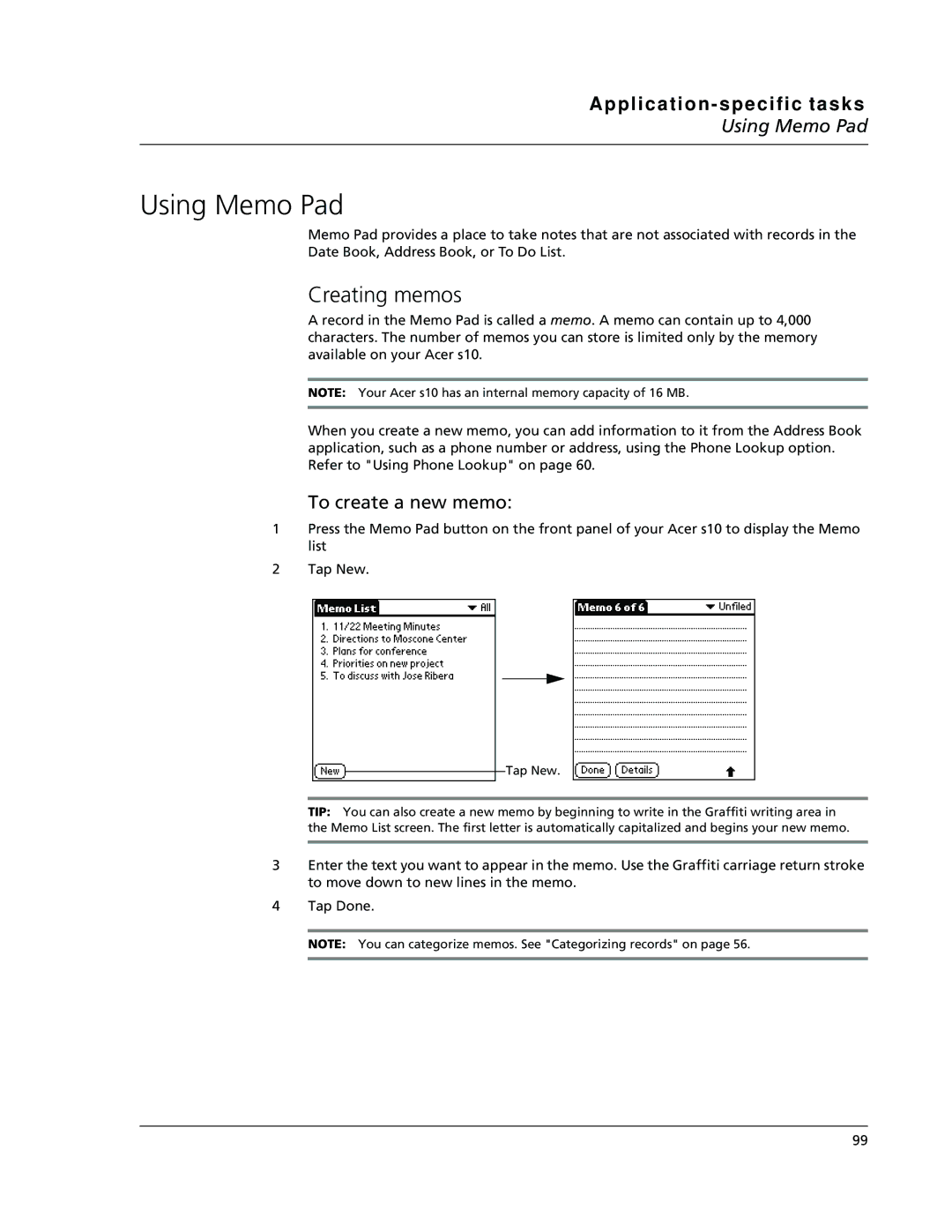 Acer s10 manual Using Memo Pad, Creating memos, To create a new memo 