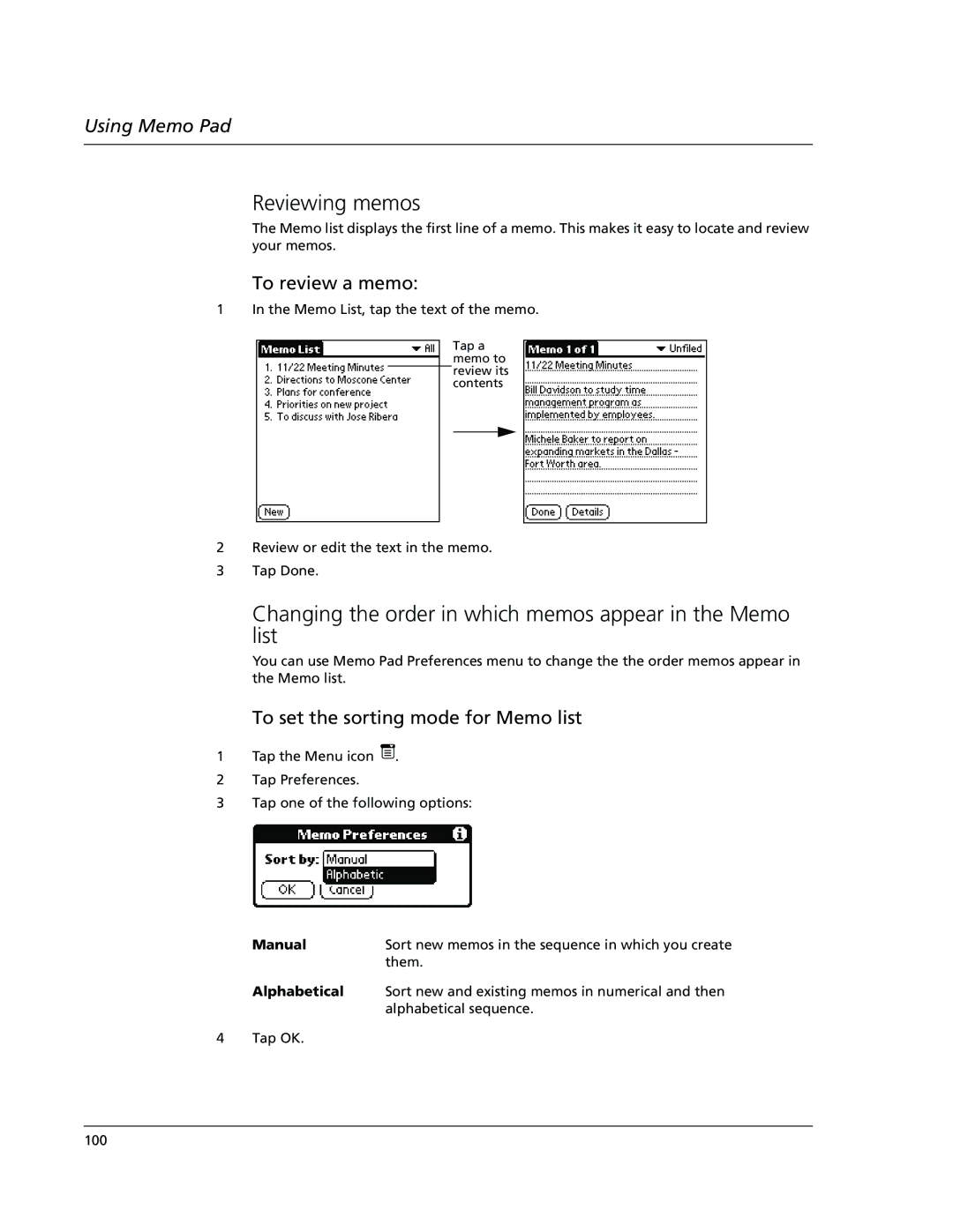 Acer s10 manual Reviewing memos, Changing the order in which memos appear in the Memo list, To review a memo 