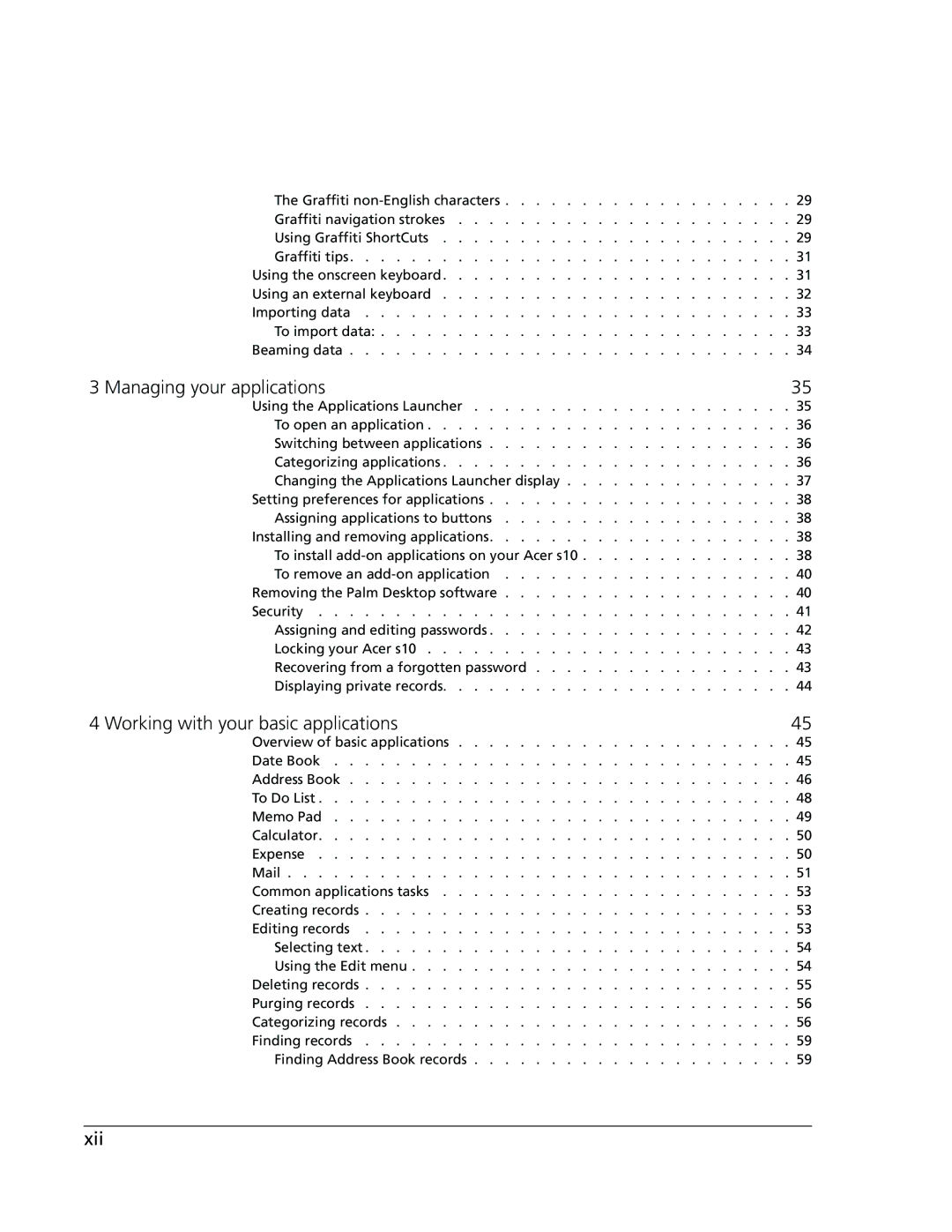 Acer s10 manual Managing your applications, Working with your basic applications, Xii 