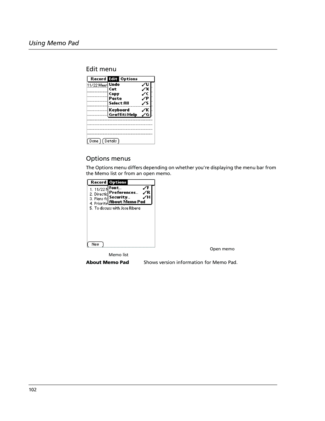 Acer s10 manual Edit menu Options menus 