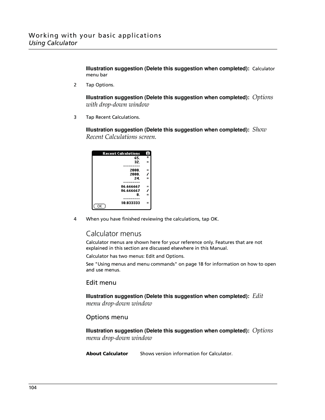 Acer s10 manual Calculator menus, Edit menu 