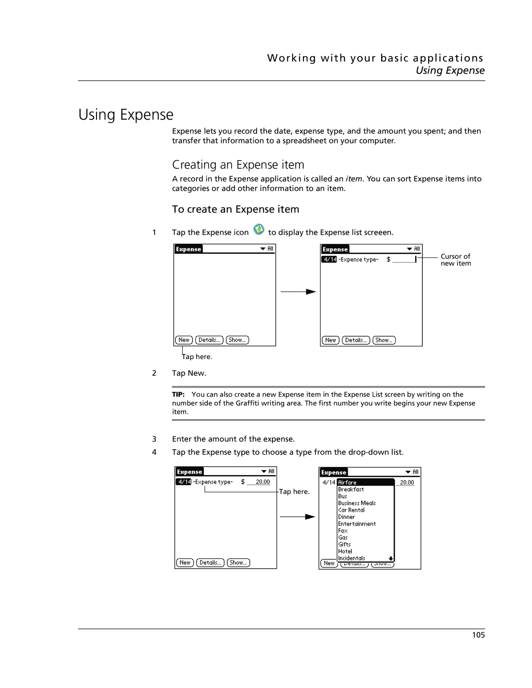 Acer s10 manual Using Expense, Creating an Expense item, To create an Expense item 