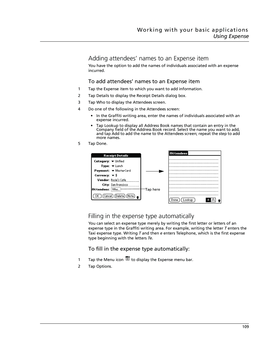 Acer s10 manual Adding attendees’ names to an Expense item, Filling in the expense type automatically 