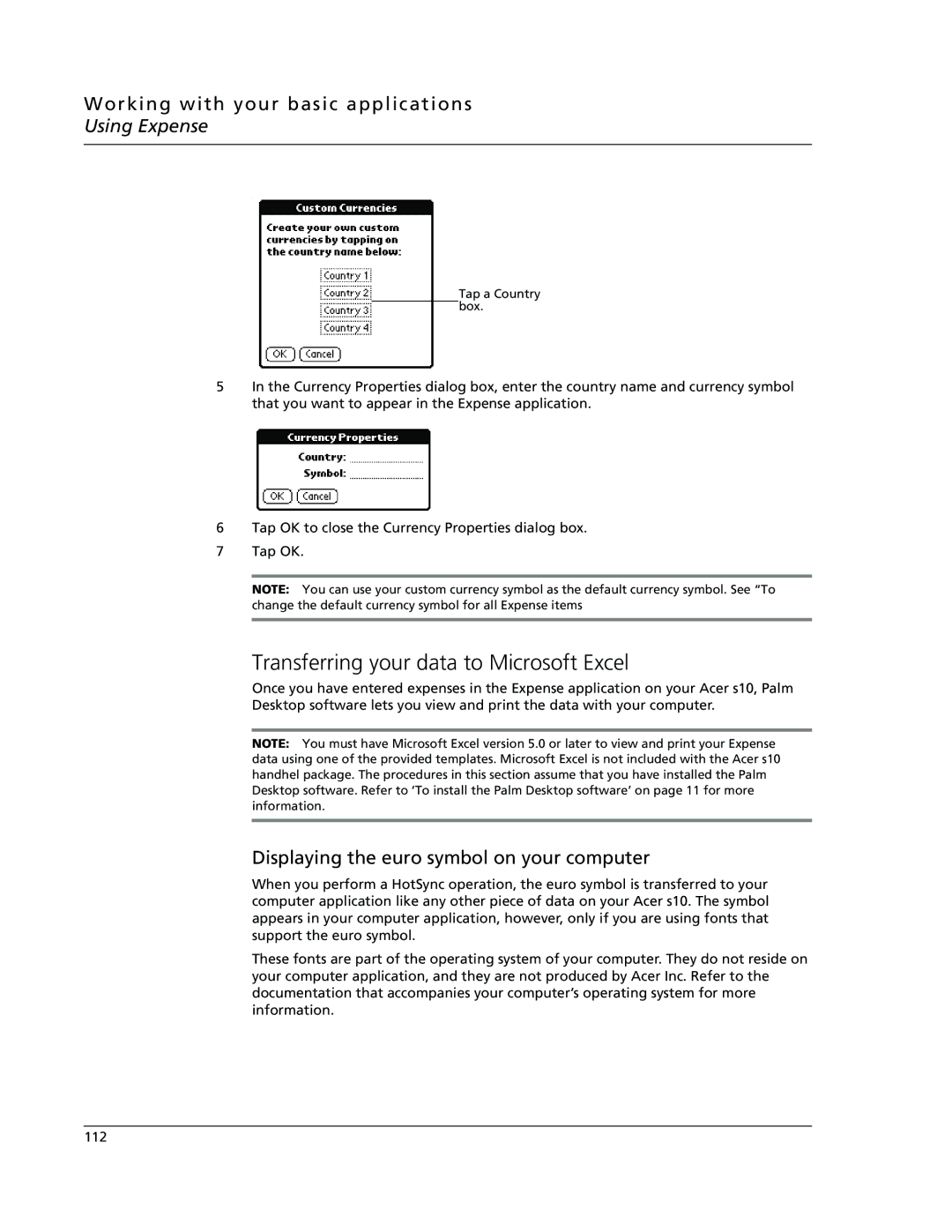 Acer s10 manual Transferring your data to Microsoft Excel, Displaying the euro symbol on your computer 