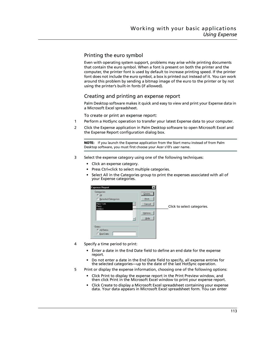 Acer s10 manual Printing the euro symbol, Creating and printing an expense report, To create or print an expense report 