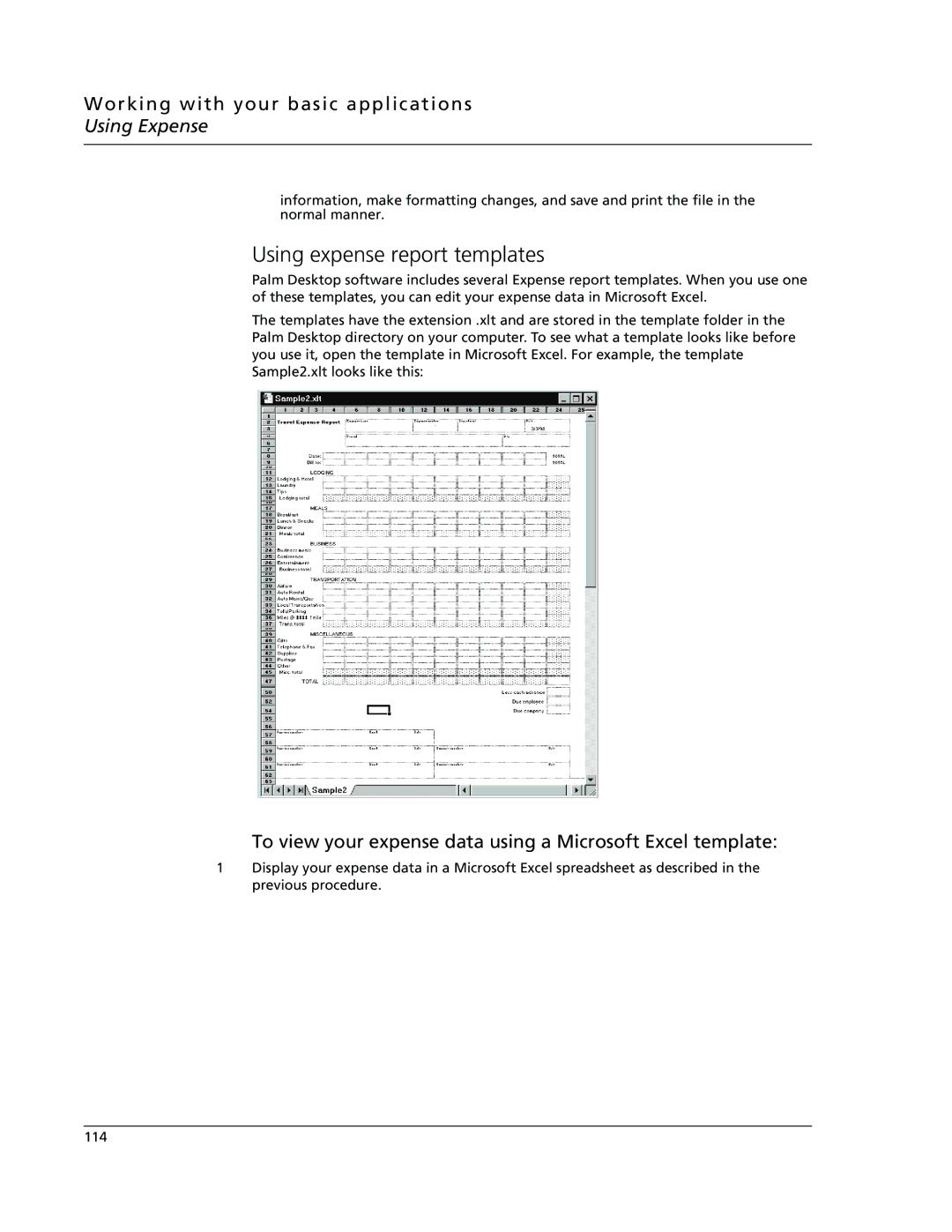 Acer s10 manual Using expense report templates, To view your expense data using a Microsoft Excel template 