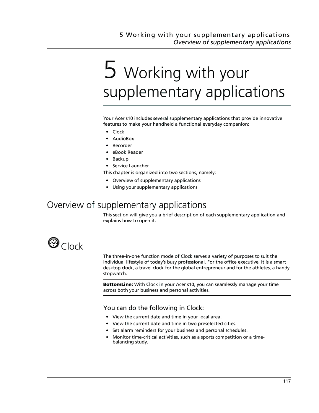 Acer s10 manual Overview of supplementary applications, You can do the following in Clock 