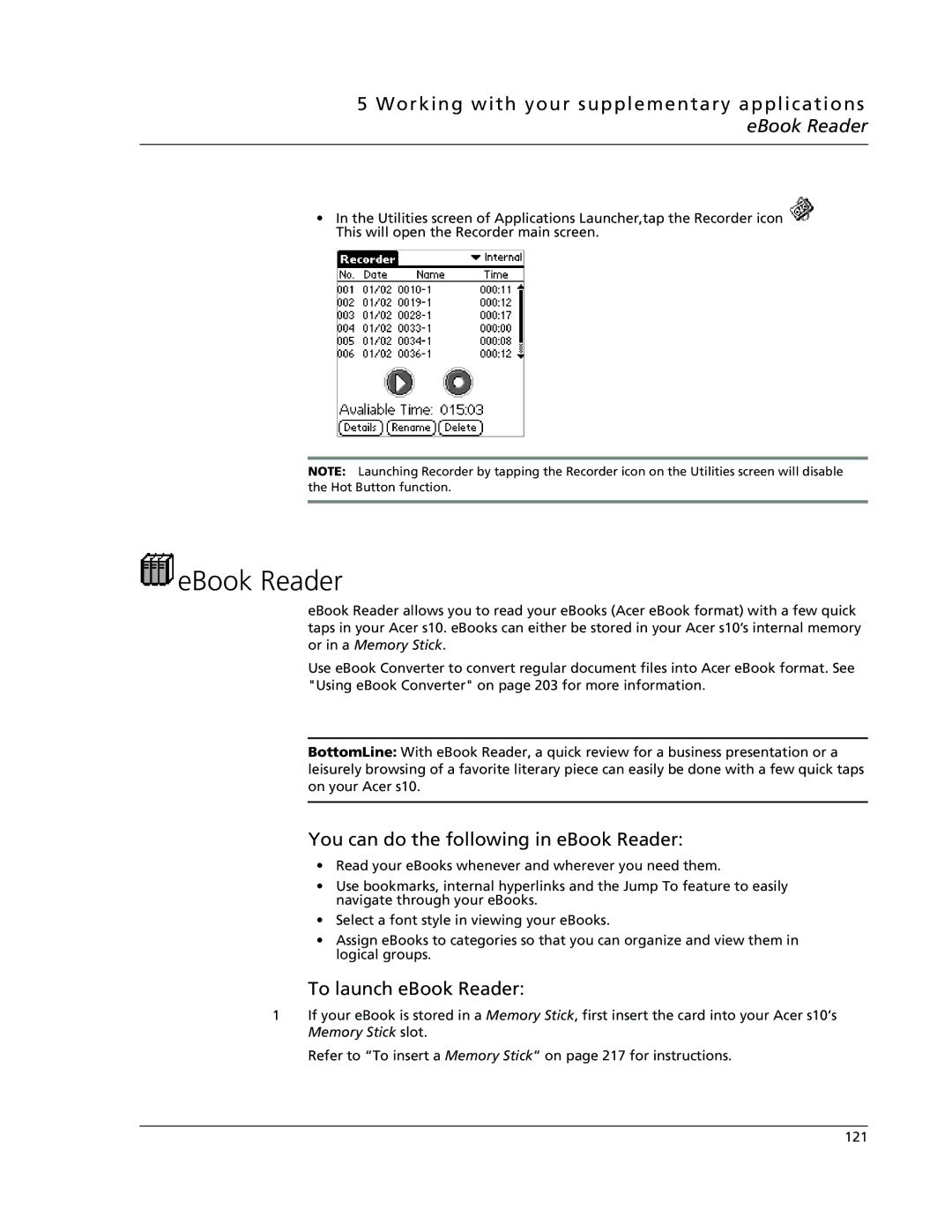 Acer s10 EBook Reader, Working with your supplementary applications eBook Reader, You can do the following in eBook Reader 