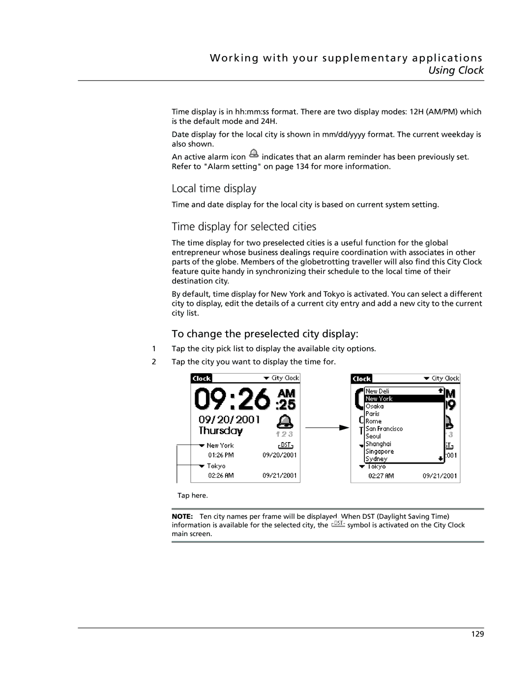 Acer s10 manual Working with your supplementary applications Using Clock, To change the preselected city display 