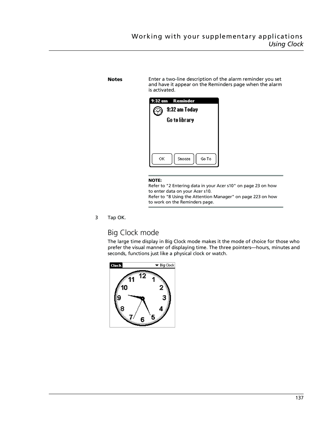 Acer s10 manual Big Clock mode, Is activated 