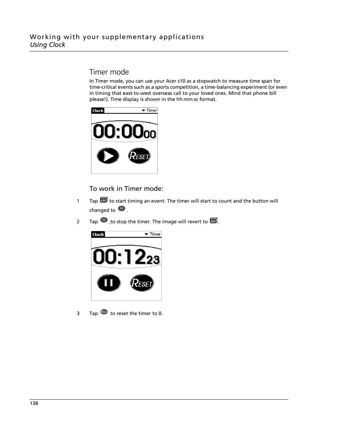 Acer s10 manual To work in Timer mode 