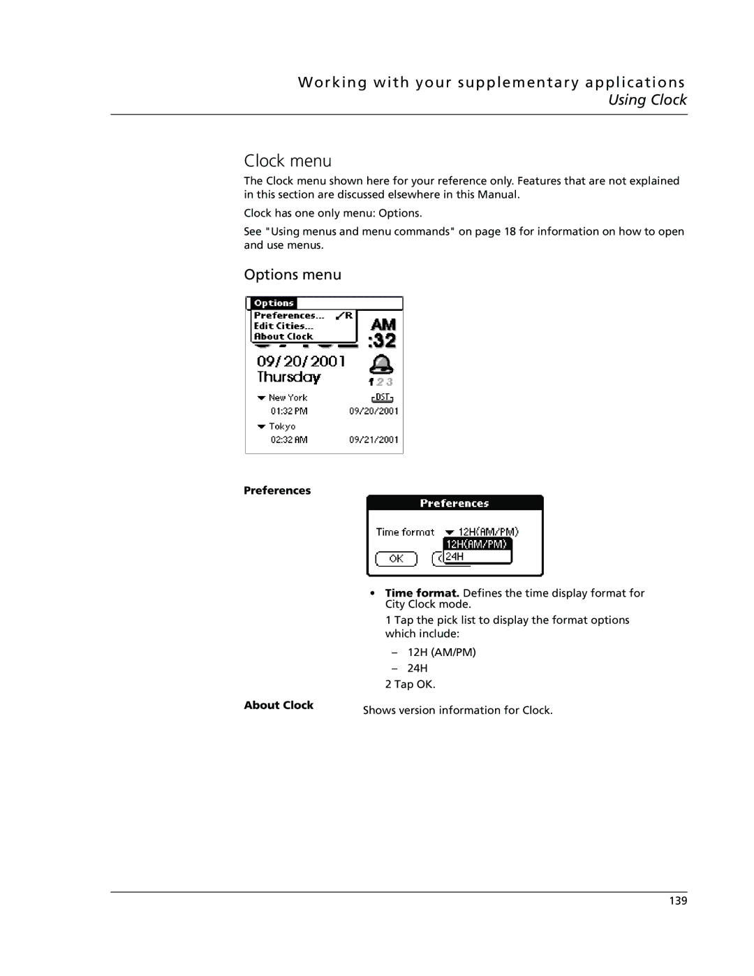 Acer s10 manual Clock menu, About Clock Shows version information for Clock 