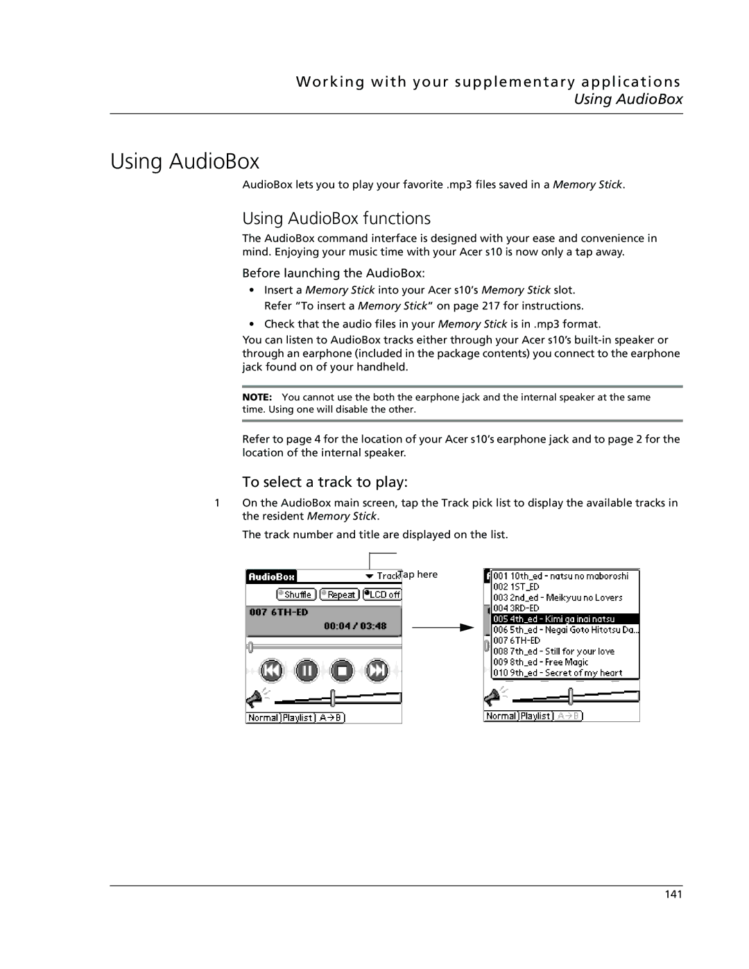 Acer s10 manual Using AudioBox functions, To select a track to play, Before launching the AudioBox 