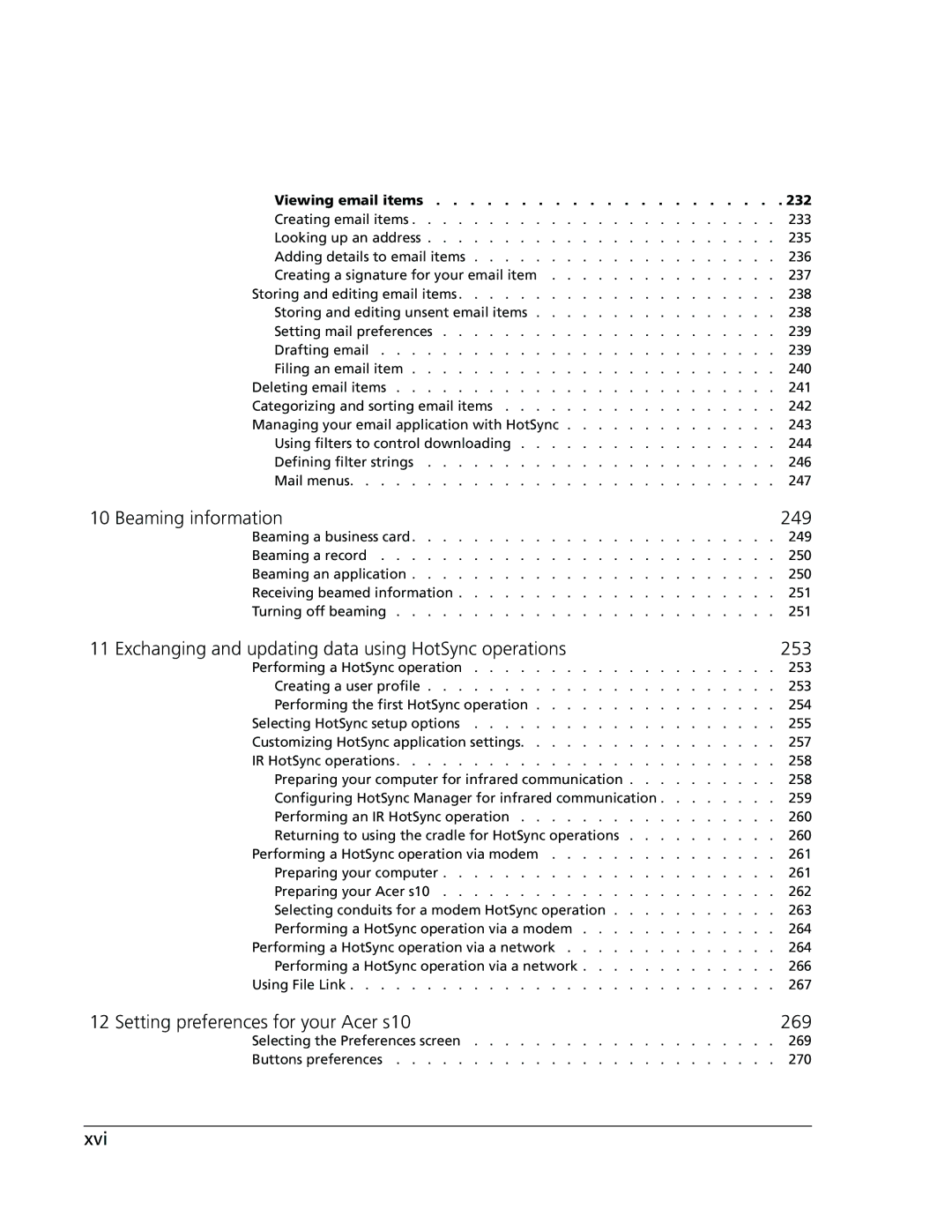 Acer manual Beaming information 249, 253, Setting preferences for your Acer s10 269, Xvi, Viewing email items 