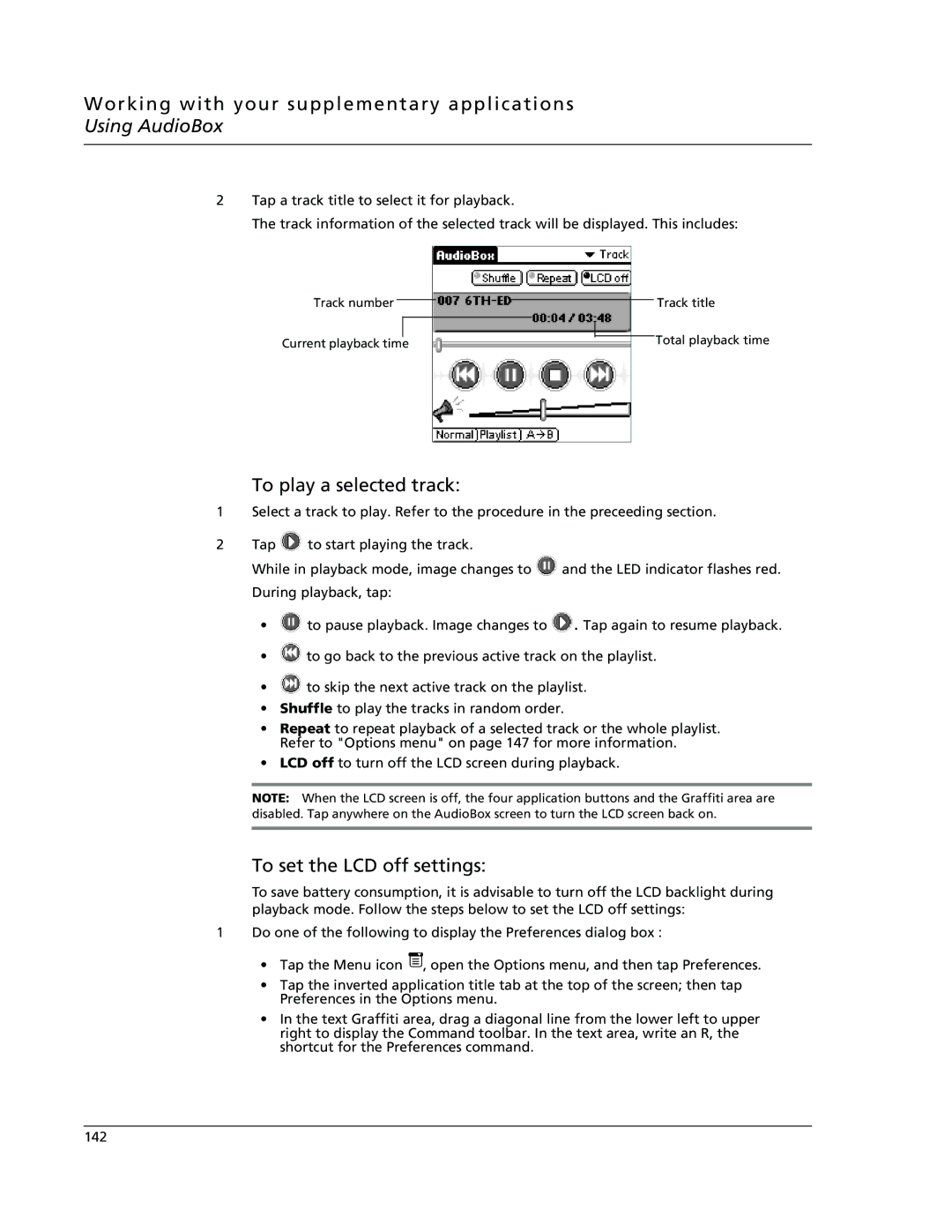 Acer s10 manual To play a selected track, To set the LCD off settings 