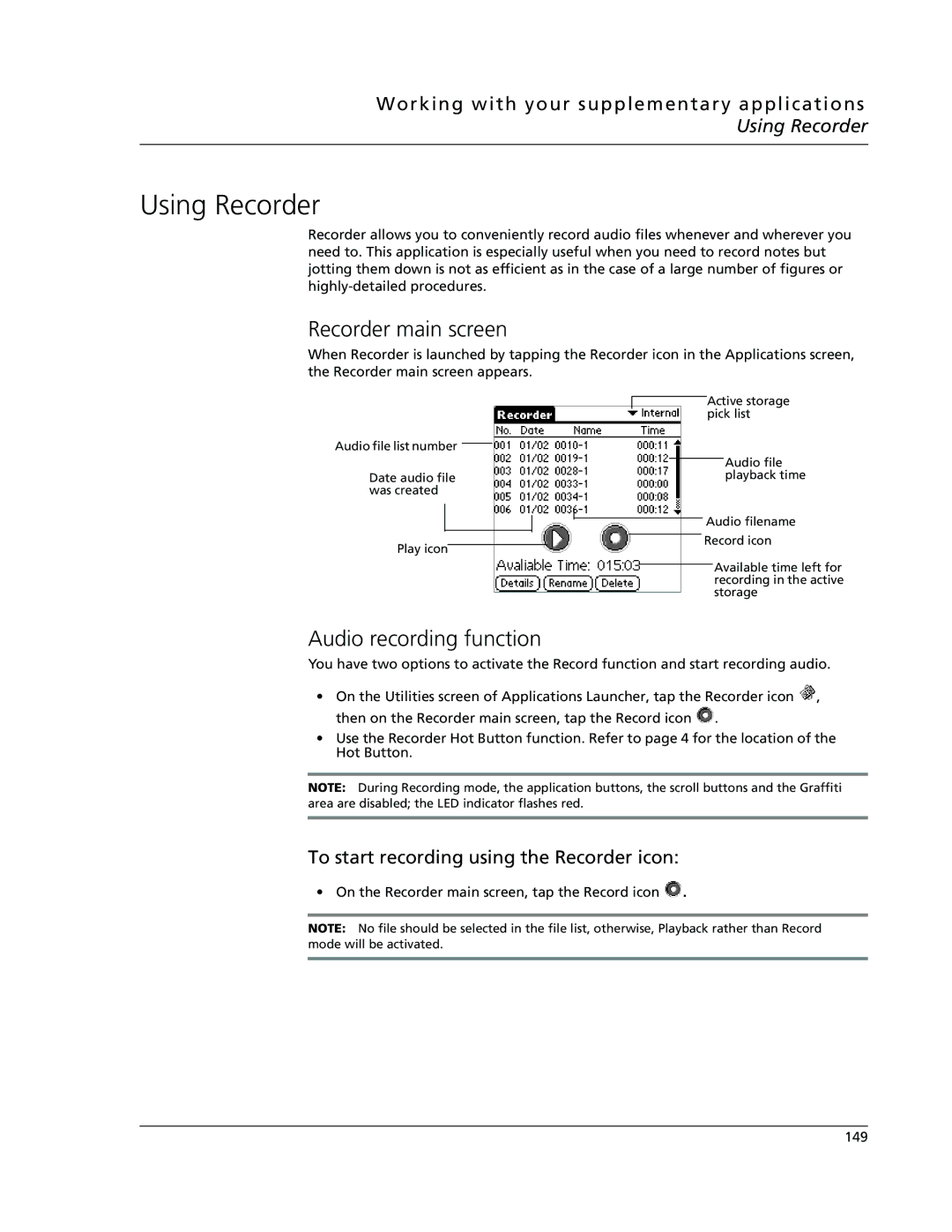 Acer s10 manual Using Recorder, Recorder main screen, Audio recording function, To start recording using the Recorder icon 